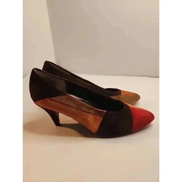 Vintage Connie Patchwork Suede Heels Size 9B Fall Earth Tones Slip On‎ - Picture 1 of 14